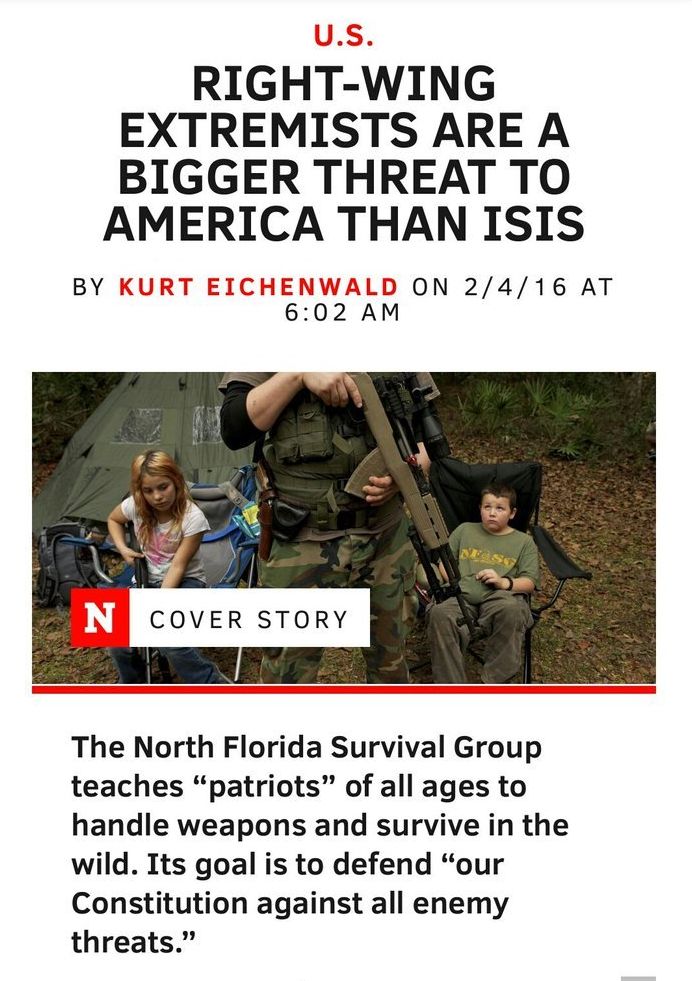 <p>http://www.newsweek.com/2016/02/12/right-wing-extremists-militants-bigger-threat-america-isis-jihadists-422743.html </p>