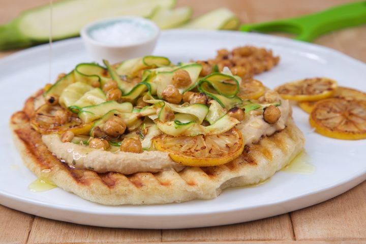 Grilled Zucchini and Lemon Pizza with Crispy Chickpeas and Lemon Oil