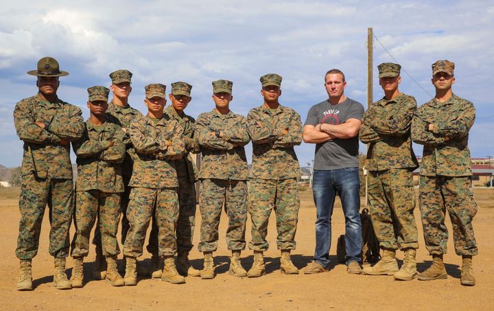 "Dakota Meyer, second from right, with Marines from Lima Company, 3rd Recruit Training Battalion, Marine Corps Recruit Depot San Diego, during a recent visit to Marine Corps Base Camp Pendleton in California 