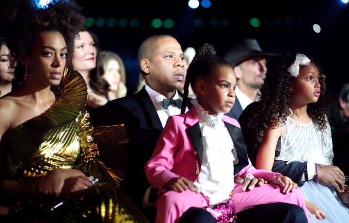 Jay Z with his daughter Blue Ivy and sister-in-law Solange at the 2017 Grammy Awards.