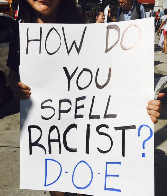 A poster from a rally on June 27 at John Jay campus against the DOE’s expanded investigation and possible removal of PSC educ