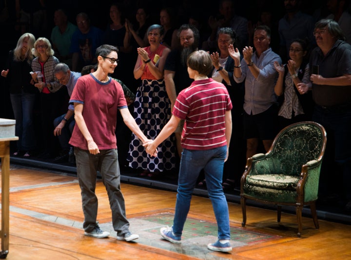 As Big Alison, actress Beth Malone (left, with co-star Emily Skeggs) wore a simple red T-shirt in the original Broadway produ