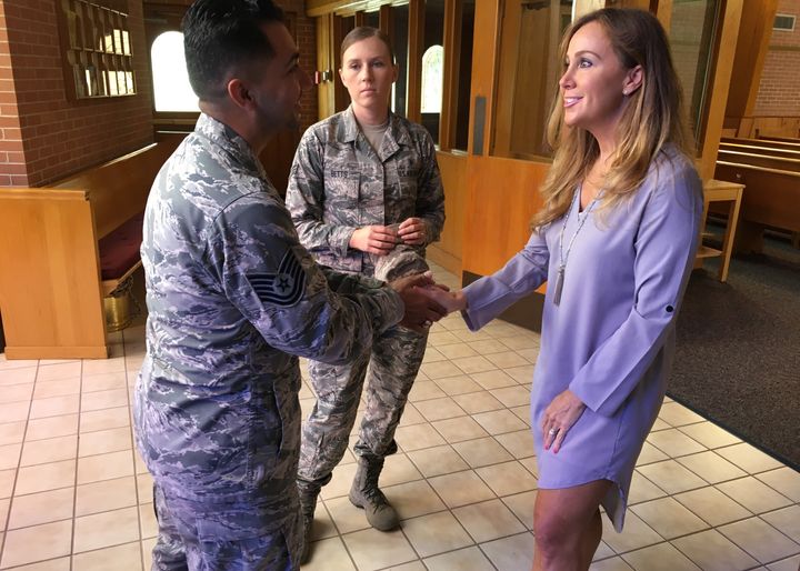 Technical Sgt. Martin Rodriguez (left), 325th Logistics Readiness Squadron Travel Center section chief, and Senior Airman Kayla Betts (center), 325th Medical Group mental health technician, speak to journalist Penelope Hayes (right) at Tyndall Air Force Base, June 26, 2017, in the Chapel. Both Rodriguez and Betts are part of Tyndall's lesbian, gay, bisexual, transgender community and shared their perspective on their journey going through the military during a time of social change. 