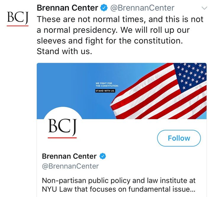 A call to fight for our Constitution via a recent Tweet by the Brennan Center for Justice, a nonpartisan law and policy institute that seeks to improve our systems of democracy and justice located at NYU School of Law.