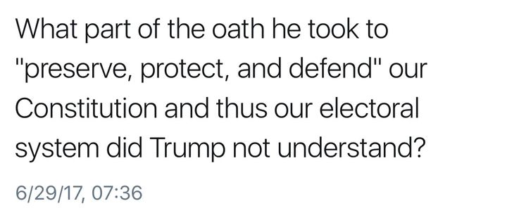 This representative Tweet questions the current President’s adherence to the Oath of Office he took on January 20, 2017.