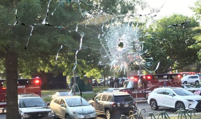 A stray bullet hole in a nearby window to the Northern Virginia baseball field where House Majority Whip Steve Scalise, a staunch supporter of Second Amendment Rights, the NRA, and the possession of high capacity assault rifles, was shot along with three other people.
