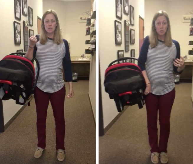 Chiropractor Emily Puente demonstrates the differences between the typical way of carrying a car seat, left, and the healthier way.