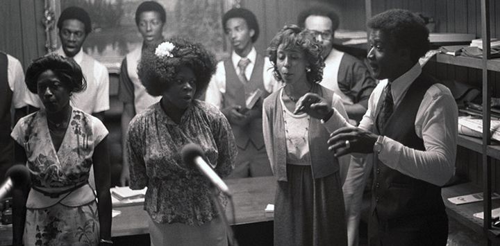 Oak Grove Acapella Singers, a Gospel group of Chester County, Tennessee, being recorded while singing in the office of the preacher at the Oak Grove Church of Christ.( Tennessee State Library and Archives, CC BY-NC-ND)