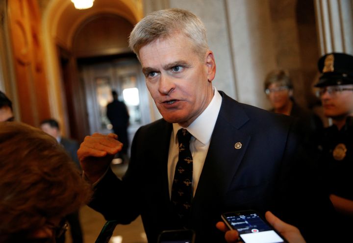 Sen. Bill Cassidy (R-La.) speaks to reporters at the Capitol.