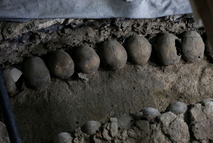 Skulls are seen at a site where more than 650 skulls caked in lime and thousands of fragments were found in the cylindrical edifice near Templo Mayor, one of the main temples in the Aztec capital Tenochtitlan. 