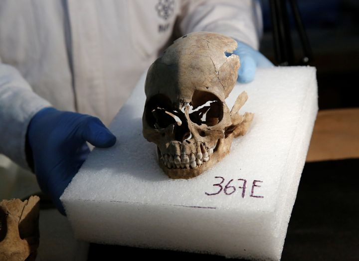 Abel Guzman, a biological anthropologist from the National Institute of Anthropology and History (INAH), examines a skull discovered at the site. 
