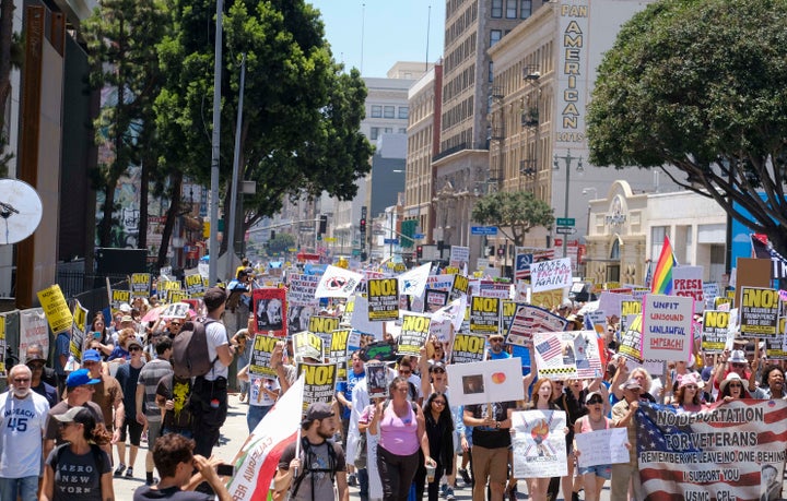 Protesters march through downtown Los Angeles.