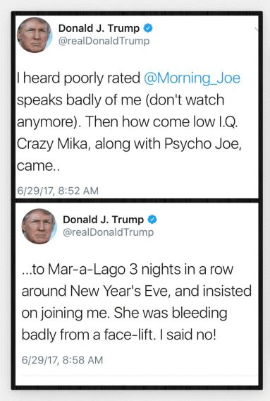 <p><em>Trump’s tweets from 6/29/17, attacking Joe Scarborough & Mika Brzezinski. Trump stands by his tweets and now claims his use of social media is</em> <a href="https://twitter.com/realDonaldTrump" target="_blank" role="link" rel="nofollow" class=" js-entry-link cet-external-link" data-vars-item-name="&#x201C;MODERN DAY PRESIDENTIAL.&#x201D;" data-vars-item-type="text" data-vars-unit-name="5959c3f1e4b0326c0a8d11e3" data-vars-unit-type="buzz_body" data-vars-target-content-id="https://twitter.com/realDonaldTrump" data-vars-target-content-type="url" data-vars-type="web_external_link" data-vars-subunit-name="article_body" data-vars-subunit-type="component" data-vars-position-in-subunit="8">“MODERN DAY PRESIDENTIAL.”</a> </p>