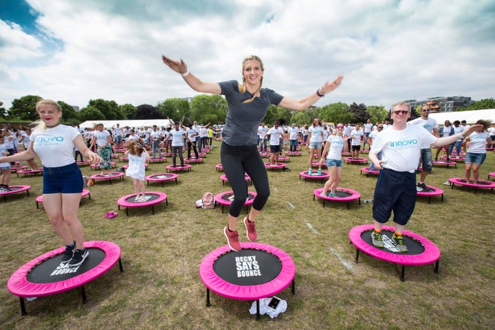 Olympian Rebecca Adlington helped Innovo to break a world record title for the most people bouncing on trampolines.