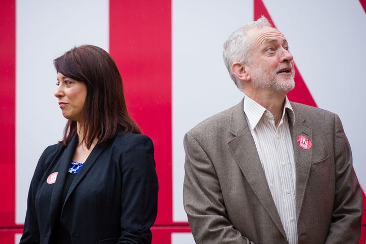 Gloria De Piero and Jeremy Corbyn during the 'Labour In For Britain' campaign bus at a launch in central London, on May 10, 2016.