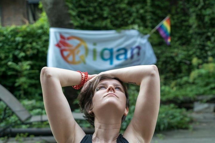 Ray Acheson takes a break from lobbying UN member states to celebrate Pride. ICAN marched under the banner International Queers for the Abolishment of Nuclear Weapons. 