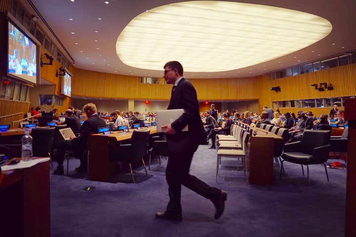 <p>UN member states in attendance of the conference, negotiate a treaty to prohibit nuclear weapons.</p>