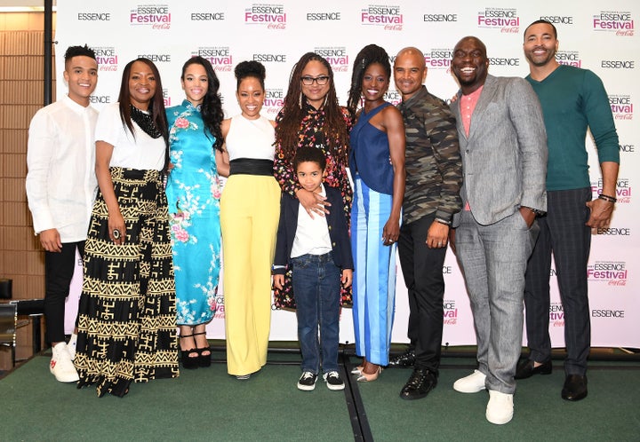 DuVernay (center) poses with the cast of "Queen Sugar" including Omar Dorsey, Timon Kyle Durrett, Ethan Hutchison, Dawn-Lyen