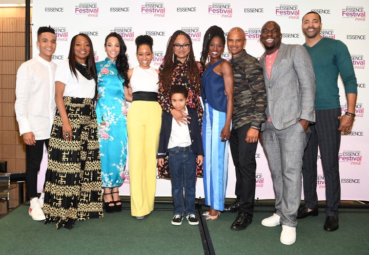 DuVernay (center) poses with the cast of "Queen Sugar" including Omar Dorsey, Timon Kyle Durrett, Ethan Hutchison, Dawn-Lyen Gardner, Bianca Lawson, Tina Lifford and Dondre Whitfield at the 2017 Essence Festival.