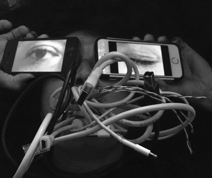 Title: Us, Now: A Reflection On Technology Medium: Photo art, using phones, computer wires, me