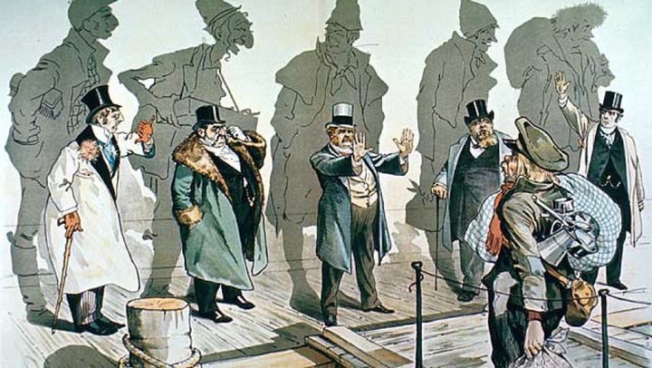In this political cartoon an earlier generation of immigrants to the United States, now prosperous, seeks to bar new arrivals. Their shadows betray their past.