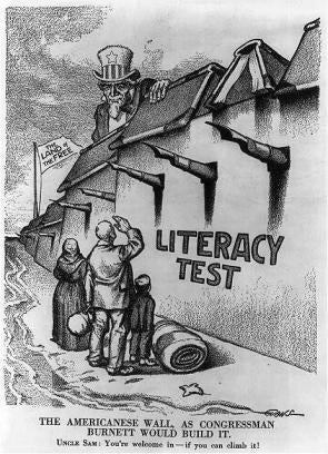 This political cartoon is from 1916. The idea of using a wall to keep out immigrants is not new.