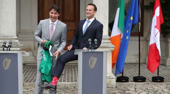 Irish Taoiseach Leo Varadkar, right, showed off his Canadian-themed socks during a press conference with Canadian Prime Minister Justin Trudeau on Tuesday.