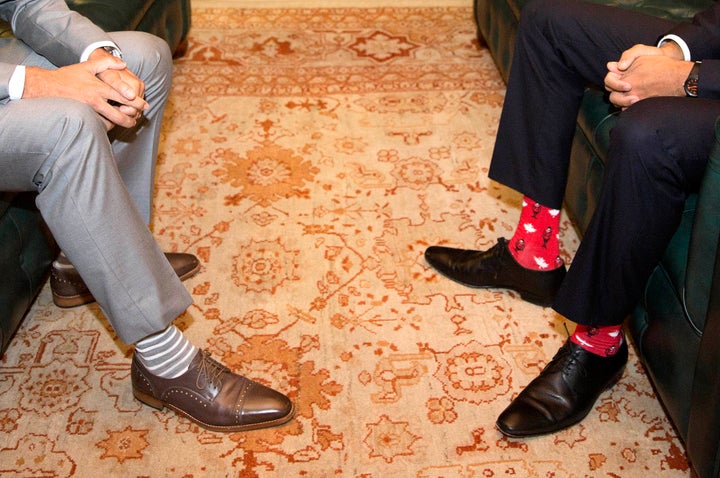 Canadian Prime Minister Justin Trudeau, left, was upstaged by Irish Taoiseach Leo Varadkar's sock game.