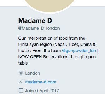 Screenshot of Madame D’s Twitter bio which was corrected following the publishing of this article