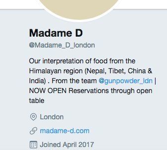 Screenshot of Madame D’s Twitter bio which was corrected following the publishing of this article
