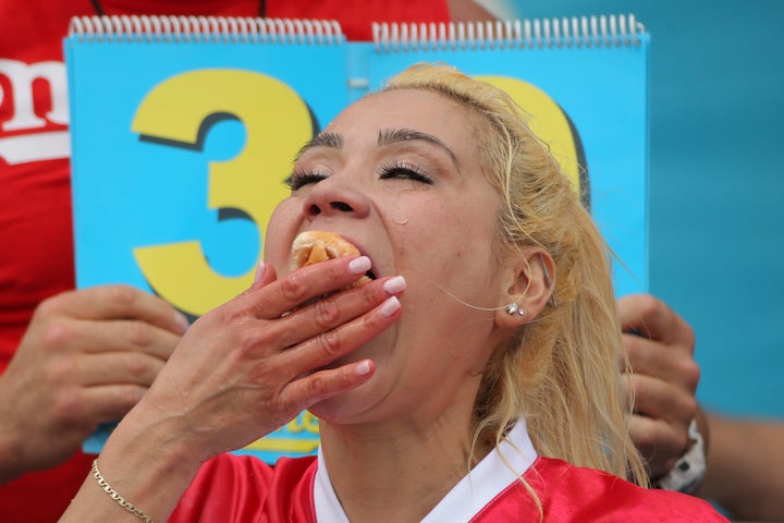 Mikki Sudo is seen competing in this year's Hot Dog-Eating Contest in Brooklyn, New York, on Sunday.