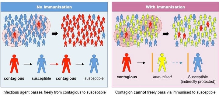 If someone with measles is surrounded by people who are vaccinated against measles, the disease cannot easily be passed on to anyone and will quickly disappear. 