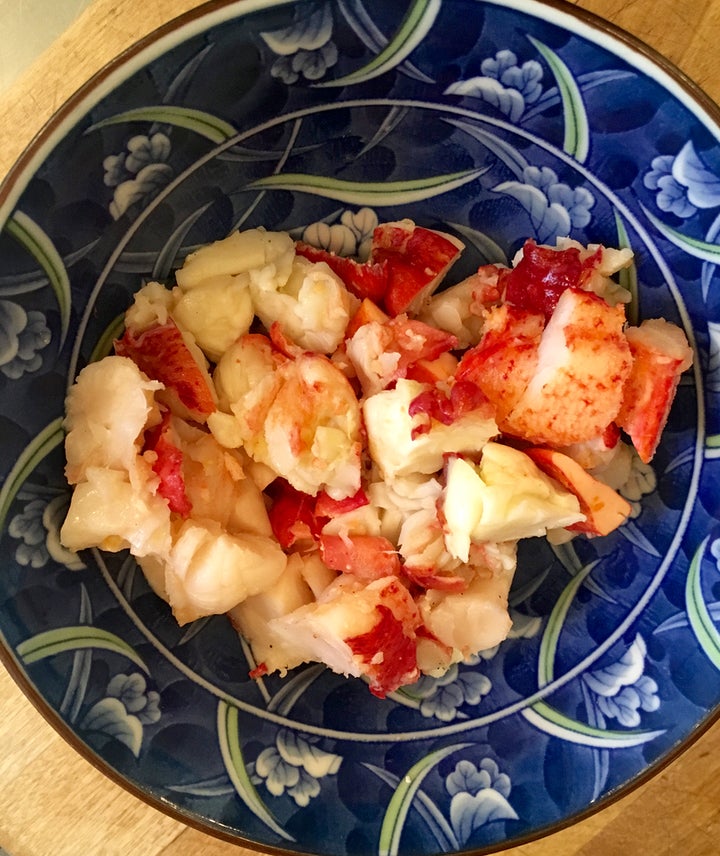 Doggy-bag lobster from a celebratory restaurant dinner; shrimp may be substituted