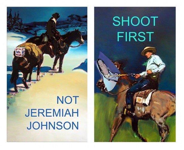 <p>Stephen Verona: After Richard Prince: Not Jeremiah Johnson and Shoot First, 2014, unique digital pigment print on canvas</p>