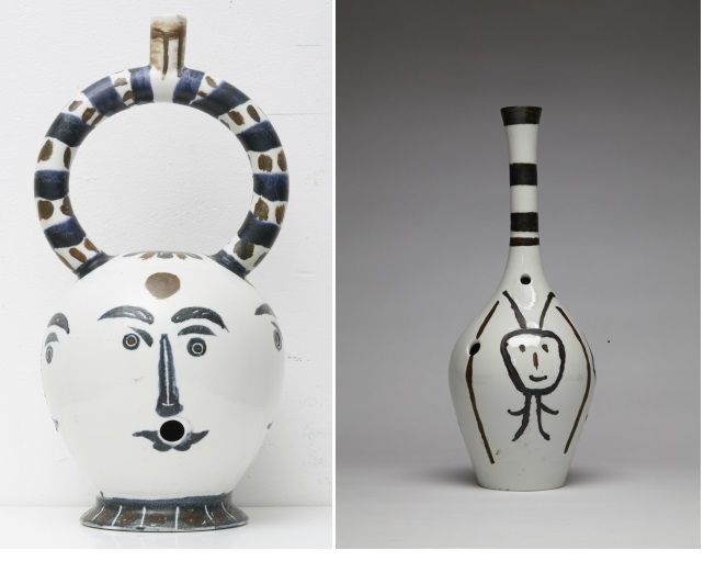 <p>Guy Overfelt: Bouteille Gravee Bong (After Picasso); Aztec Bong with Four Faces (After Picasso), 2015-17, Glazed and engraved porcelain</p>