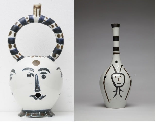<p>Guy Overfelt: Bouteille Gravee Bong (After Picasso); Aztec Bong with Four Faces (After Picasso), 2015-17, Glazed and engraved porcelain</p>