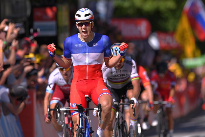 Sagan, who won the third stage of the Tour de France on Monday, is seen behind Arnaud Demare, who won Tuesday's stage fo