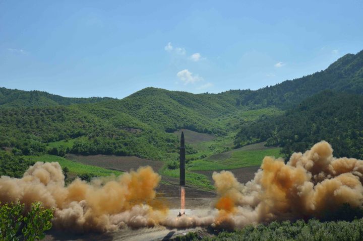 The intercontinental ballistic missile fired Monday, the Hwasong-14, seen during its test launch in this undated photo released by North Korea's Korean Central News Agency.