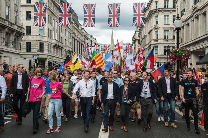 London Mayor Sadiq Khan leads the Pride in London march in 2016