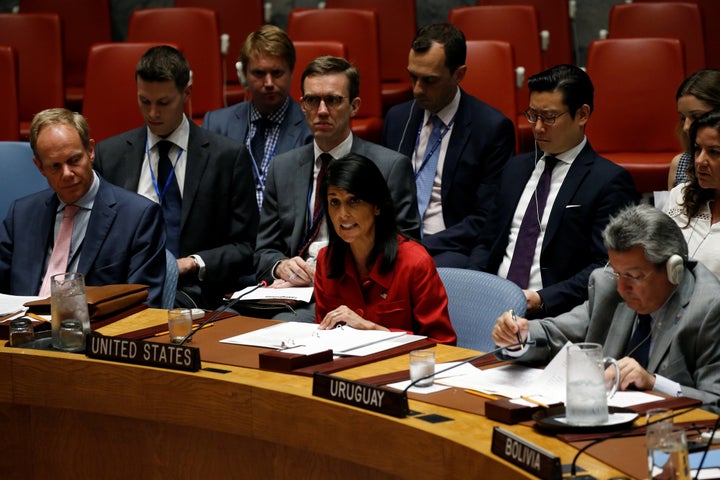 U.S. Ambassador to the United Nations Nikki Haley addresses the U.N. Security Council as it meets to discuss the recent balli