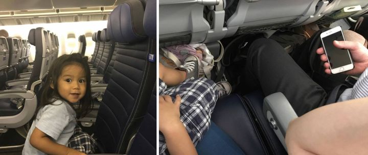 The photo on the left shows Yamauchi's son sitting in his paid seat shortly before boarding. The photo on the right shows Yamauchi holding her son in her lap while a new passenger sits in his previous seat.