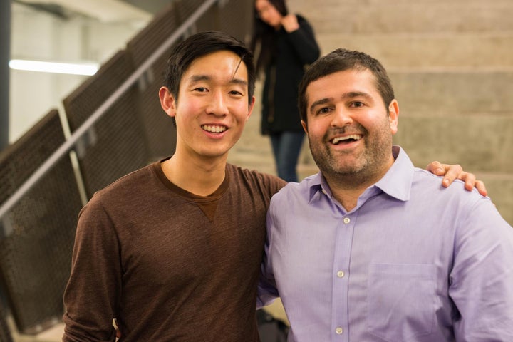 Aerial photographer and software engineer Christopher Kao (left) with Slava Rubin, co-founder of Indegogo. Kao is a drone photographer with Philly By Drone, specializing in commercial real estate aerial photography. (Photo credit: Bill He) 