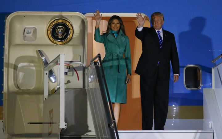 Donald Trump and First Lady Melania Trump arrive at Warsaw military airport in Warsaw, Poland July 5