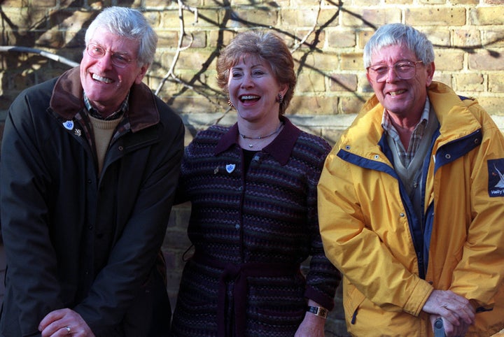 Peter Purves presented 'Blue Peter' with Valerie Singleton and John Noakes