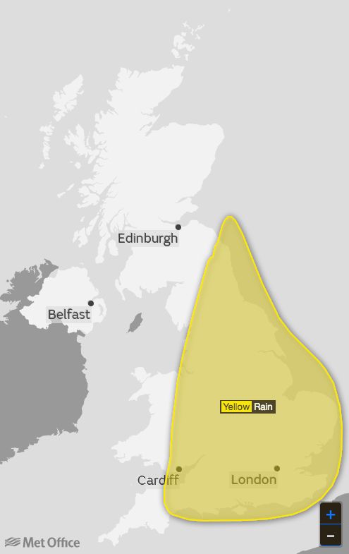 A yellow weather warning has been issued and is expected to remain in place until 2am on Friday morning 