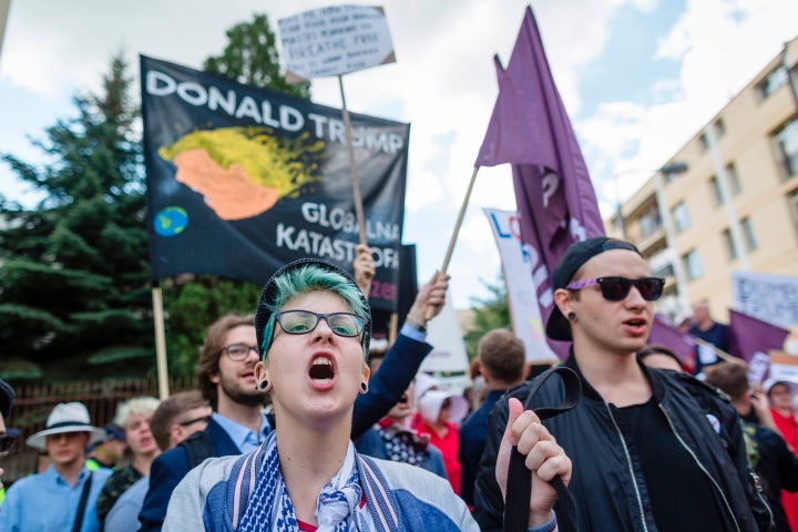 Demonstrators protest against the visit of Trump in Warsaw, on July 6, 2017.