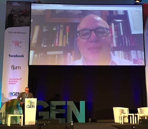 <em>Author Michael Wolff (on screen) slams "millennial journalism" (Abu-Fadil)</em>