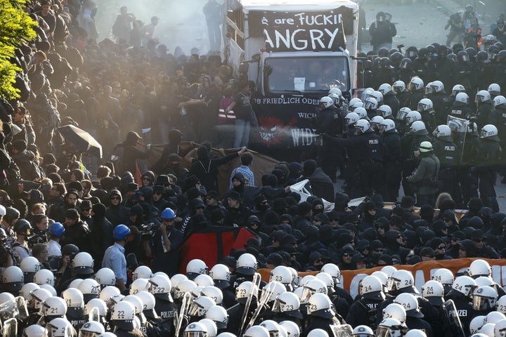 German riot police confront protesters on Thursday during the demonstrations that coincide with the G-20 summit in Hamburg, Germany.