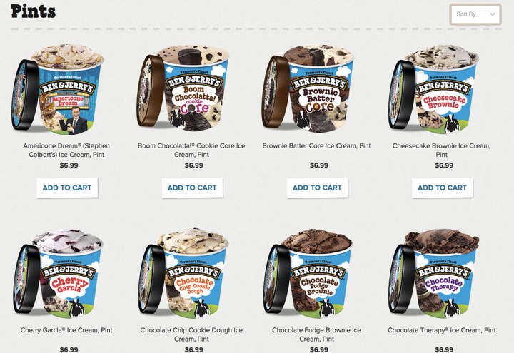 A look at the Ben & Jerry's ice cream pint online store.