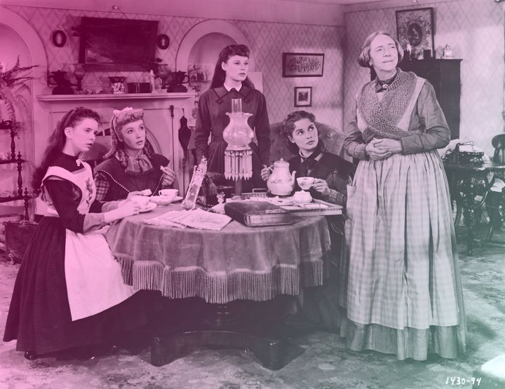 Actresses (left to right) Margaret O'Brien, Elizabeth Taylor, June Allyson, Janet Leigh and Lucile Watson in character as the March women drinking tea on the set of a film adaptation of Louisa May Alcott's